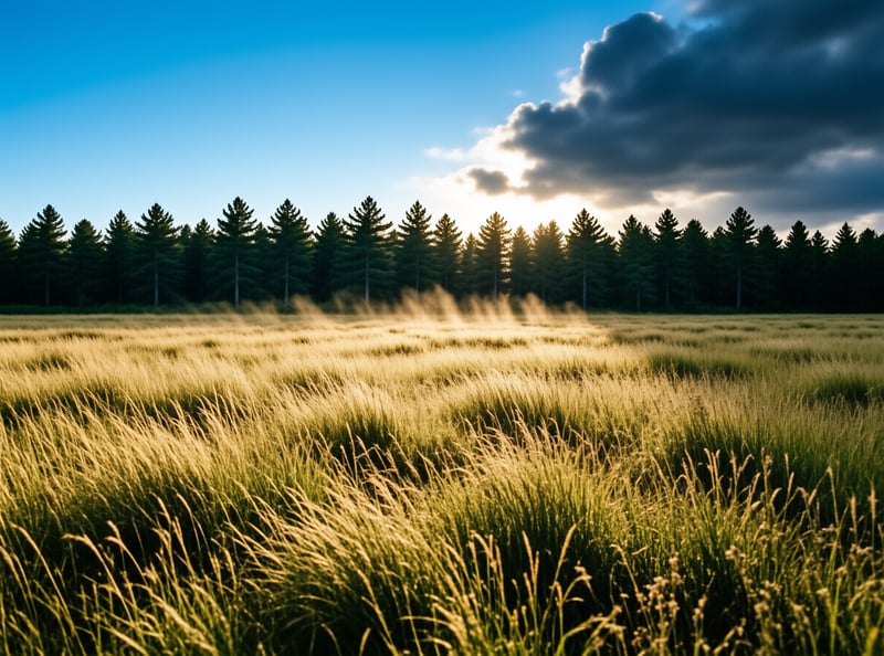 Tall grasses sway in the foreground while sunlight breaks through dark clouds above a distant treeline.