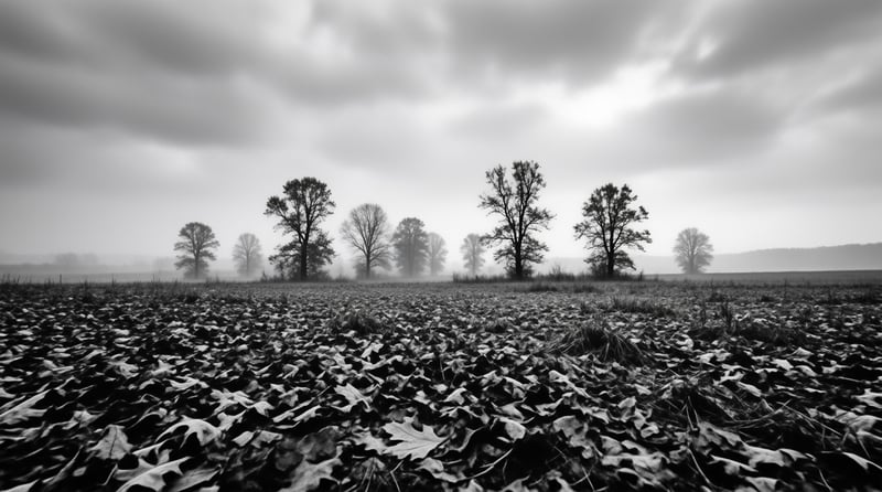 Monochrome view of lone trees along a misted horizon above a field thick with crumpled autumn leaves