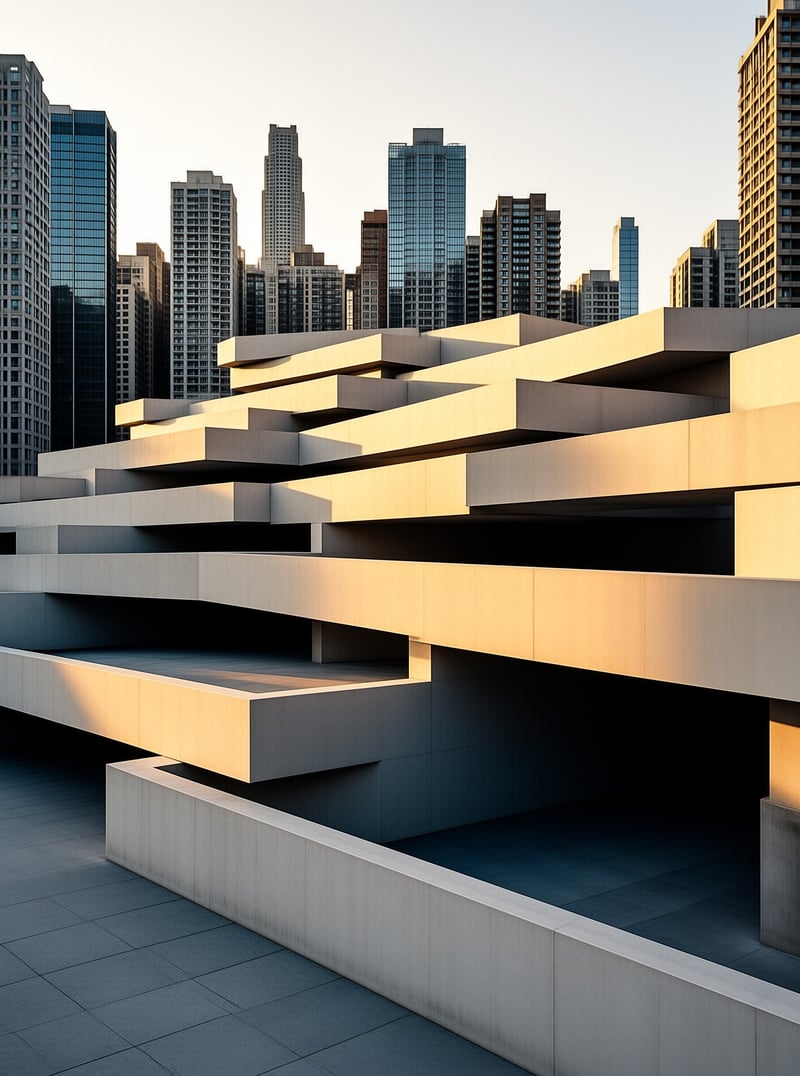 Tiered concrete cantilevered building with horizontal overhangs is lit by warm golden dusk light, against a tall urban skyline.