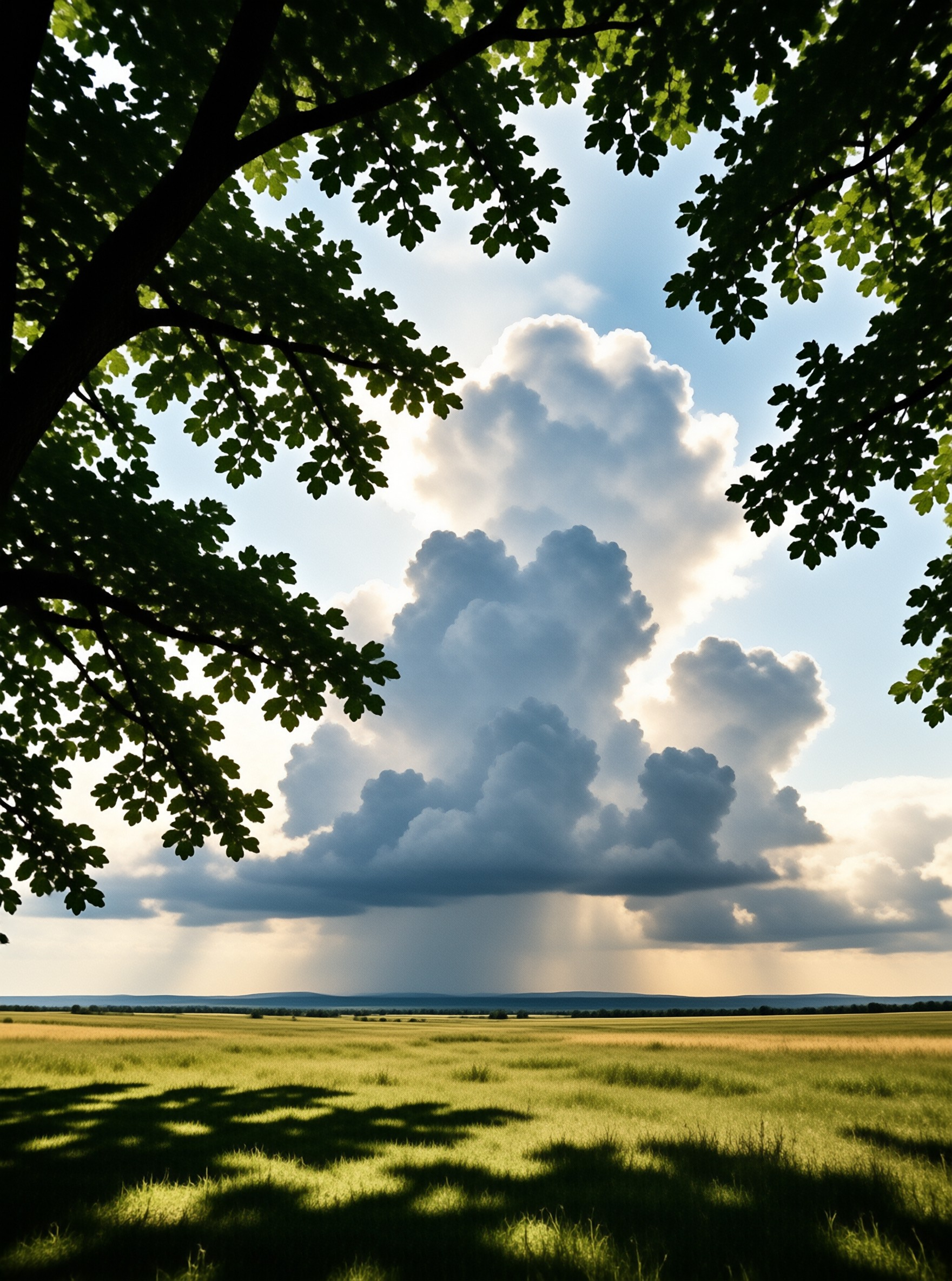 A massive white cloud rises above a grassy field while dark tree branches frame the upper portion of the view.