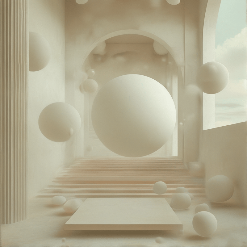 White spheres hover above stepped beige floors inside a minimalist gallery illuminated by soft daylight streaming from an archway.