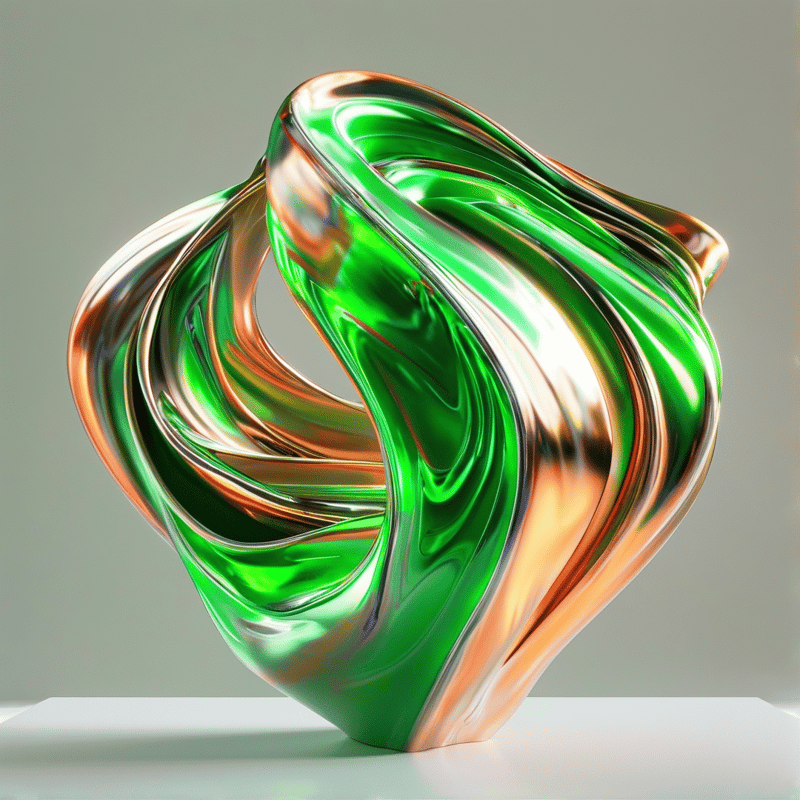 A shiny abstract form featuring swirling green and copper patterns rests on a white surface under studio lighting.