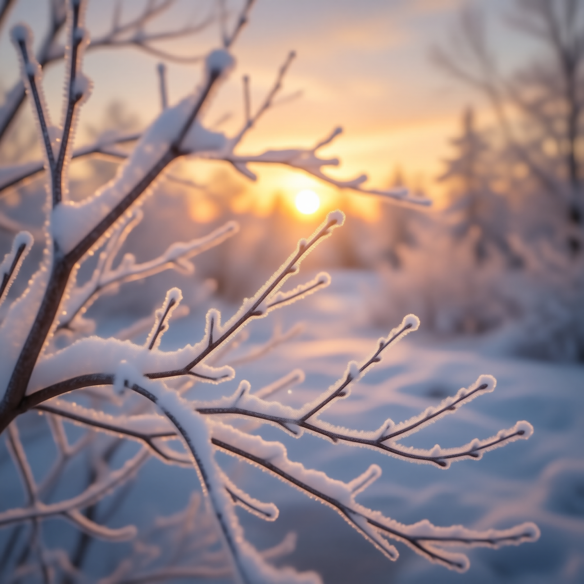 Snowy Branches at Sunrise