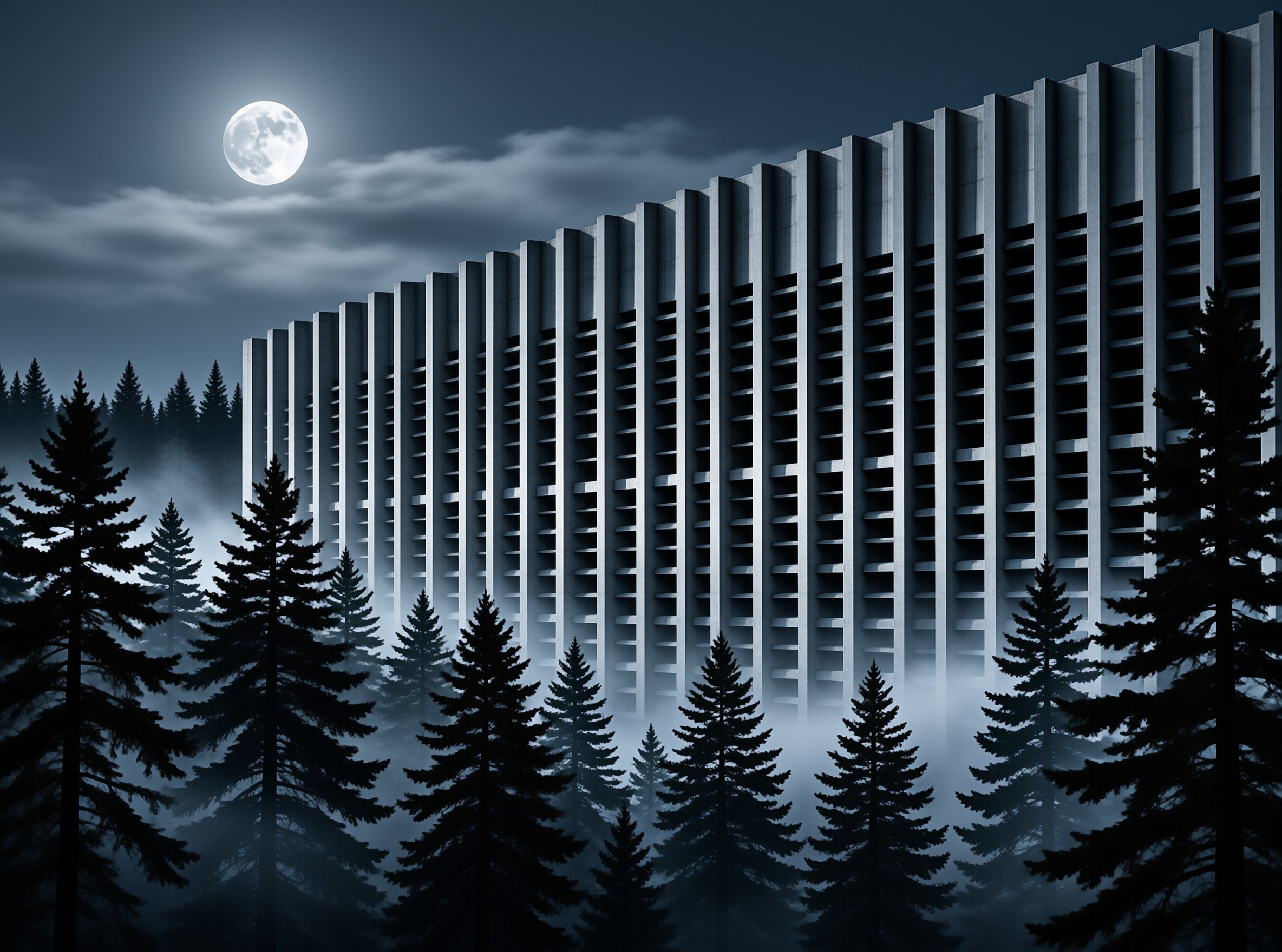 A tall concrete building with vertical fins looms behind a foggy pine forest under a bright full moon