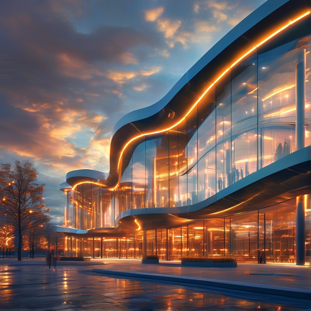 Curved Glass Building at Dusk