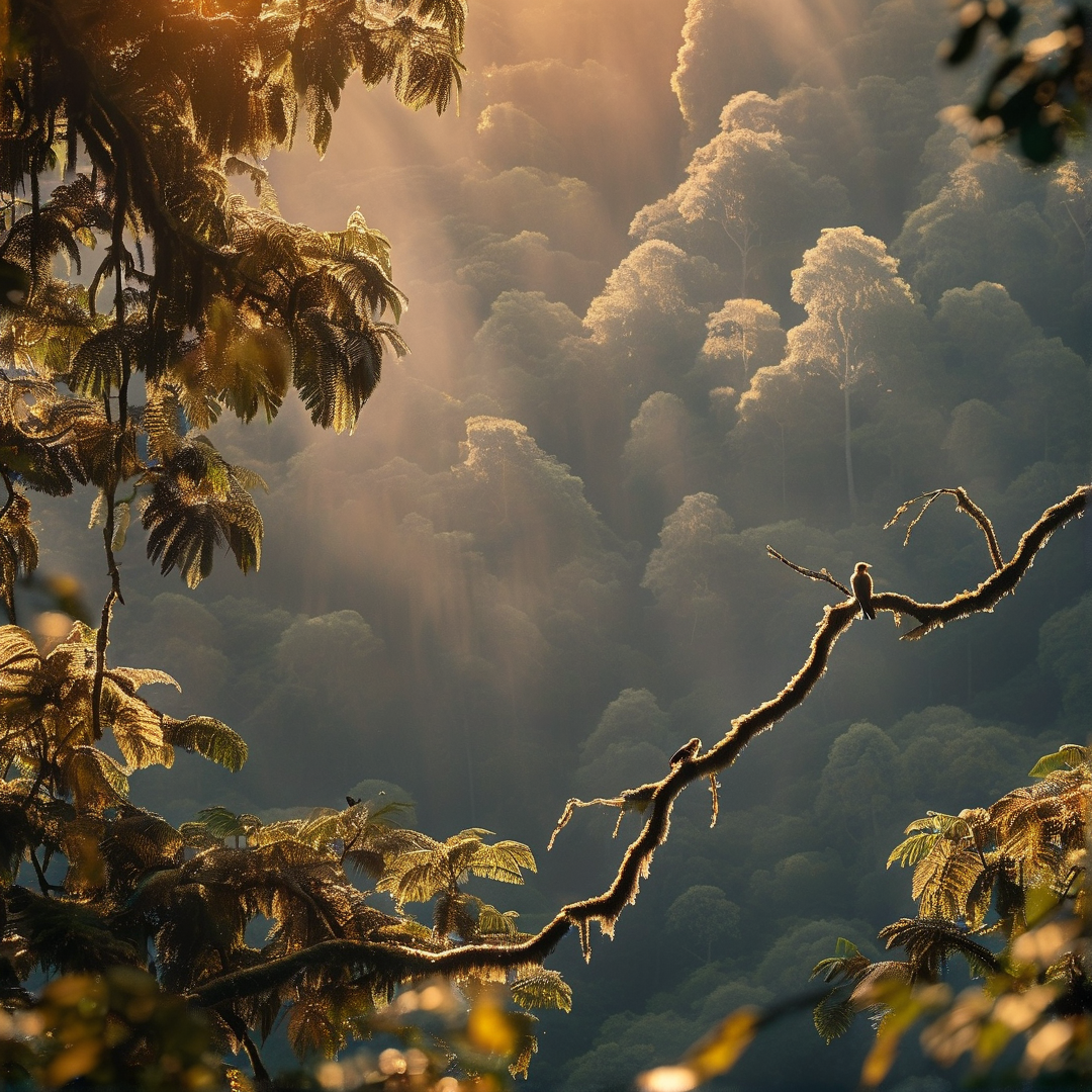 A small bird sits on a mossy branch while golden sunbeams shine through a dense, misty forest in the background.