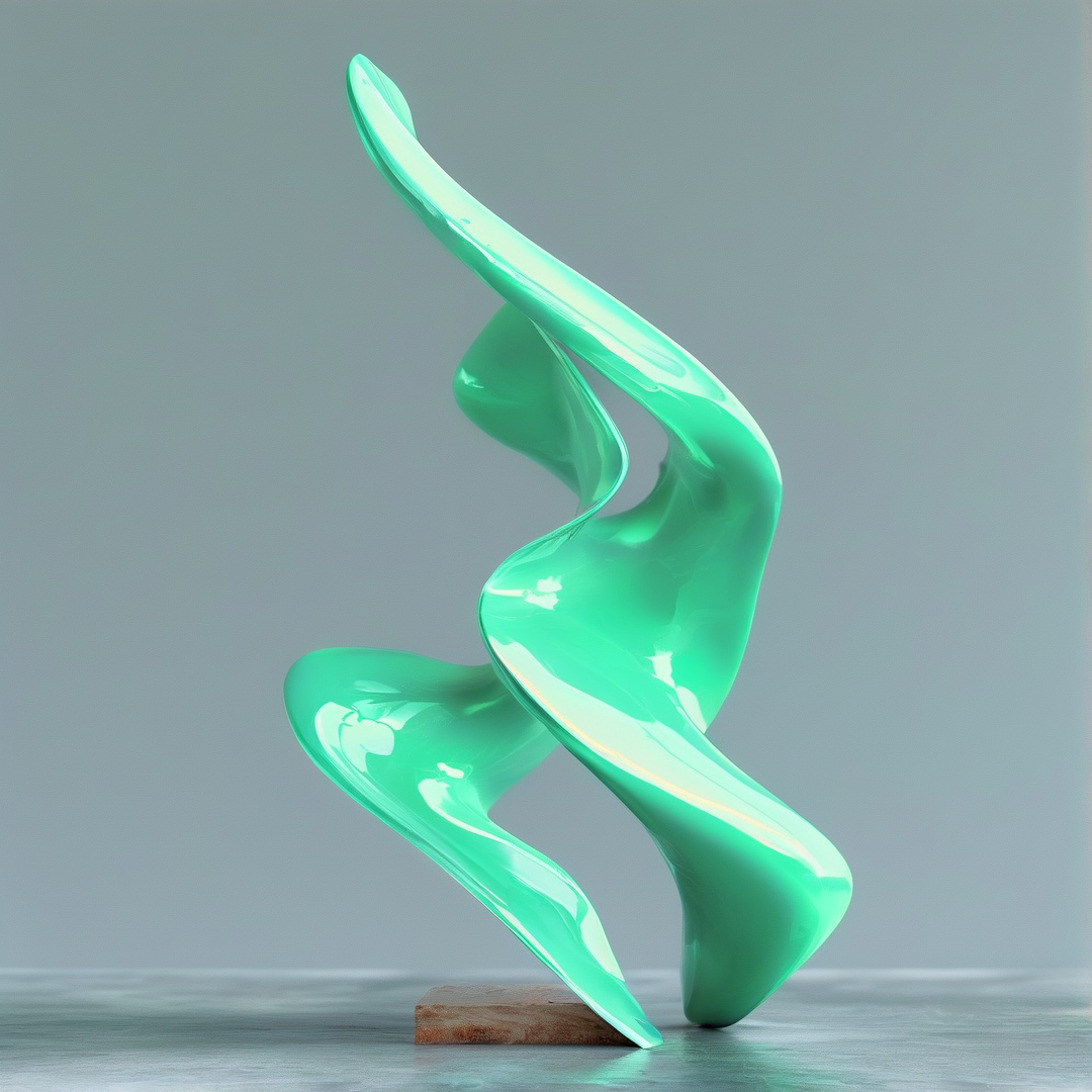Glossy mint green abstract curvilinear sculpture sits on a wooden base atop a smooth grey studio surface in soft even light.