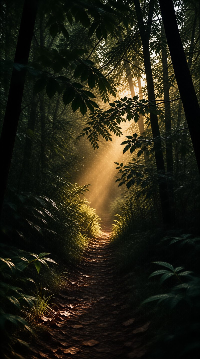 A winding dirt path goes through a dark forest where bright beams of sunlight shine through the trees onto the ground.