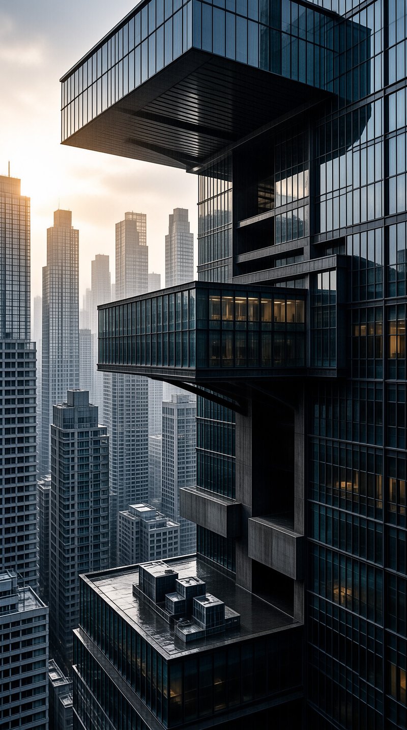 Cantilevered dark glass volumes jut above a dense skyline of pale high-rises fading into warm low sun and mist