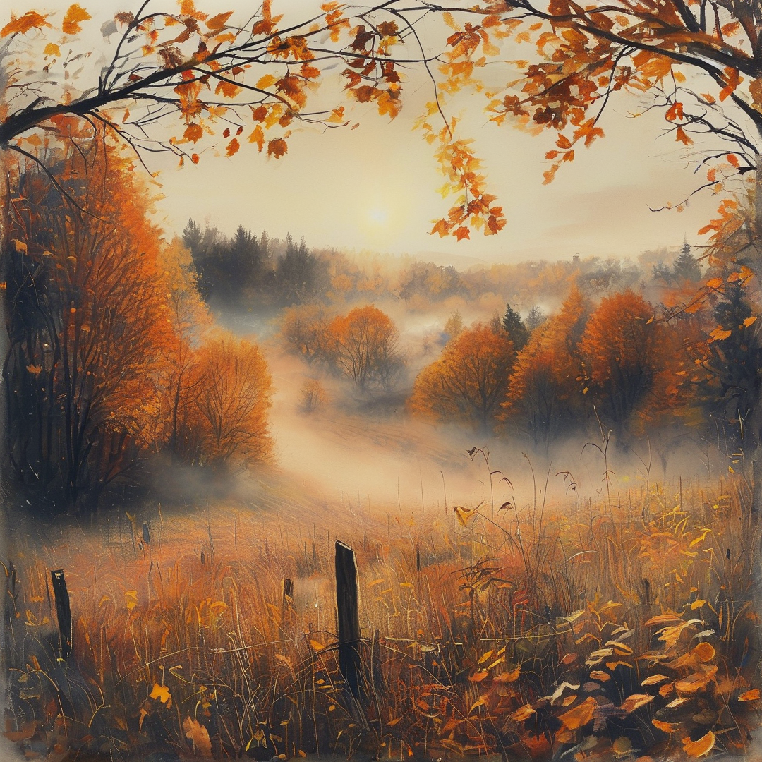 A misty valley filled with autumn trees and fog under a bright sun