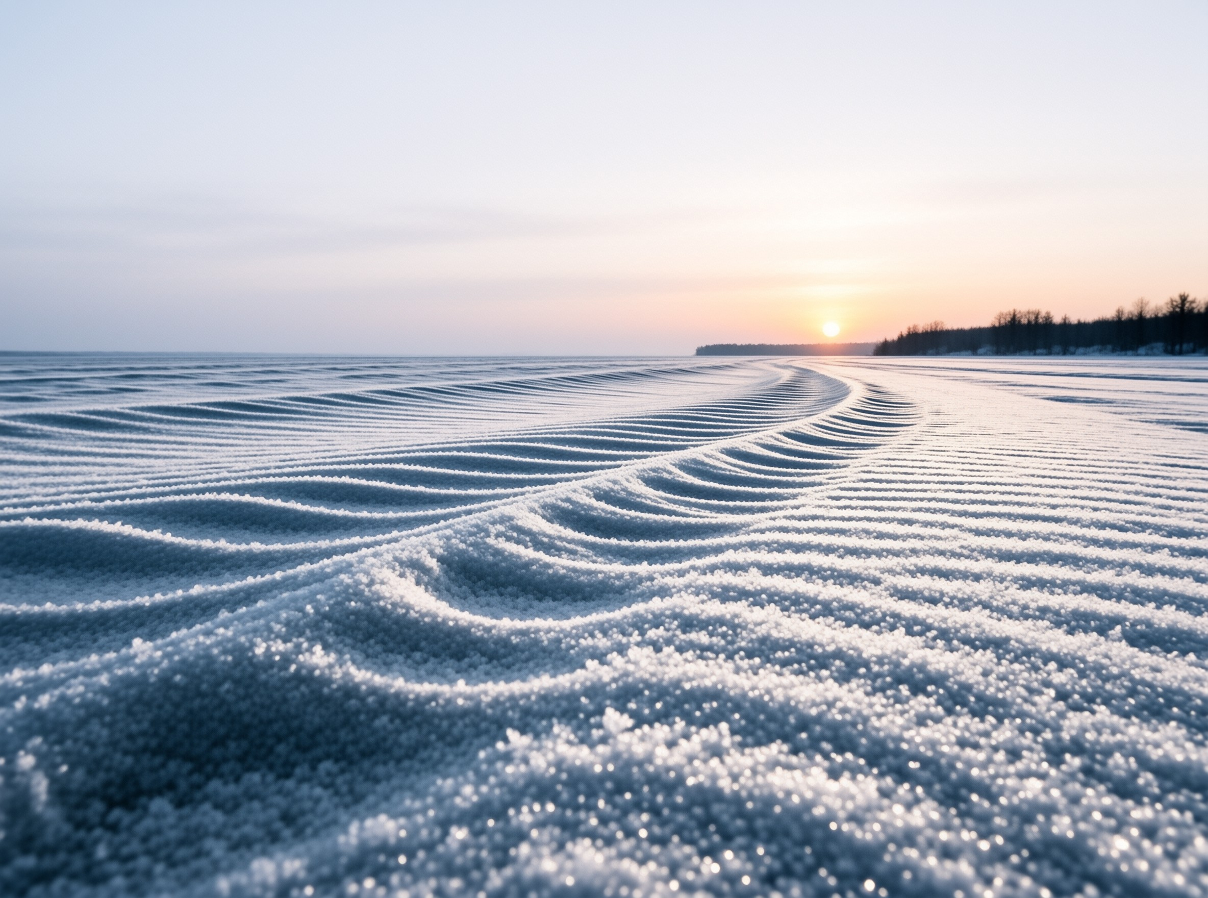 Crystalline snow formations patterned by wind stretch toward a glowing horizon with distant trees.