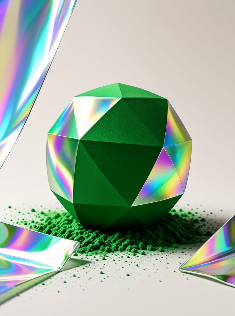 A green faceted geodesic sphere with mirror-like iridescent chrome panels rests on a mound of bright green powder.