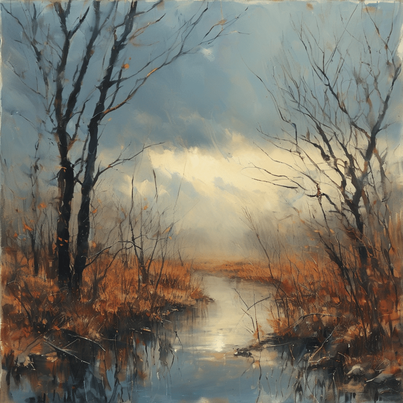 A serene river winds through an autumn forest as warm light breaks through the cloudy sky.