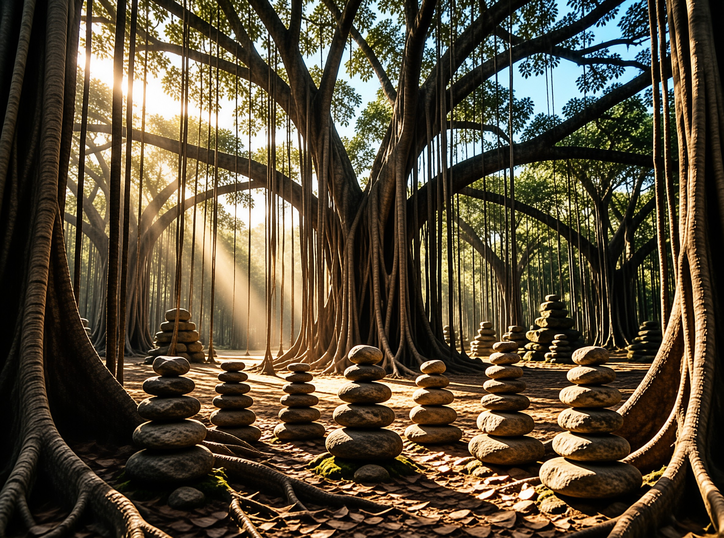 Smooth rocks arranged in columns beneath a canopy of hanging banyan roots illuminated by morning rays.