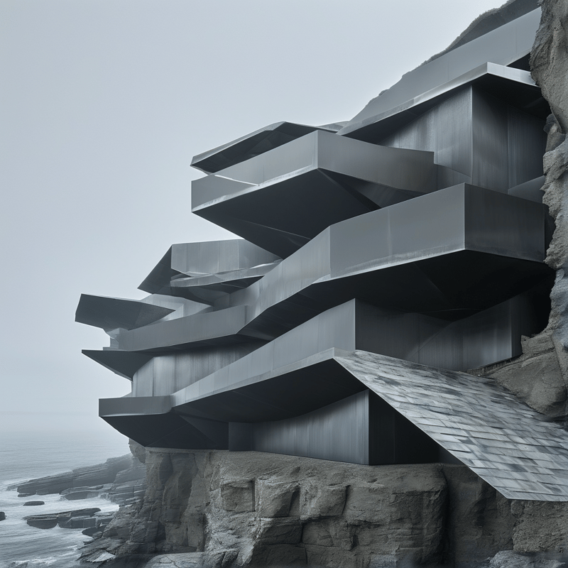 A futuristic building with angular metal surfaces is built into a rocky cliff overlooking a gray sea under an overcast sky