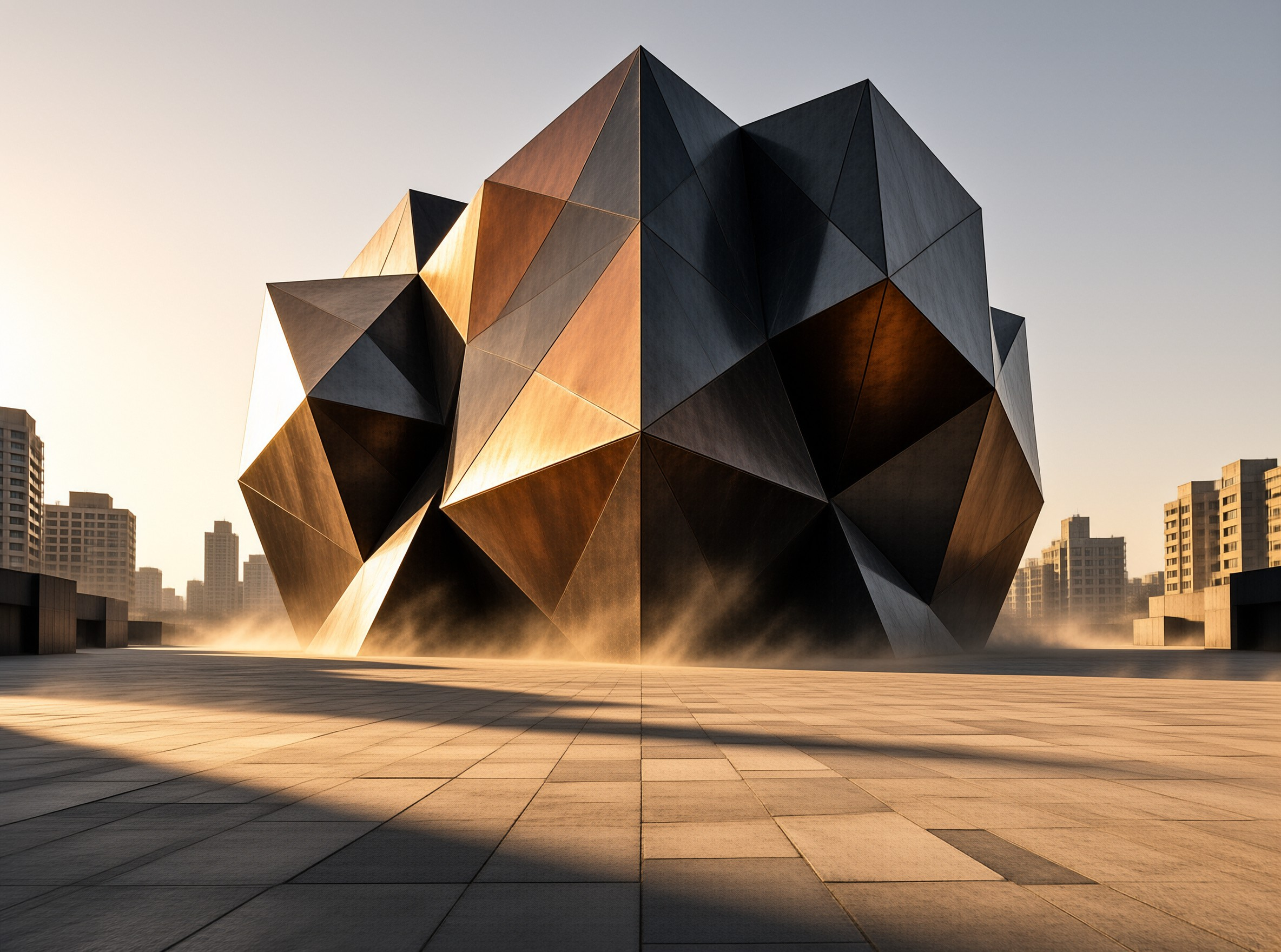 A giant polyhedral building catches the last sun between distant towers while dust drifts across its paved forecourt.