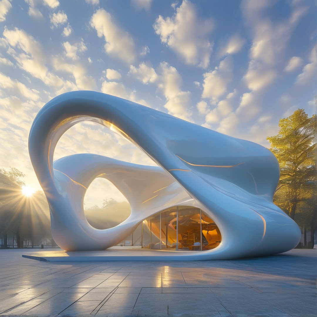 A large white curved building stands on a paved plaza with the sun shining brightly through clouds.