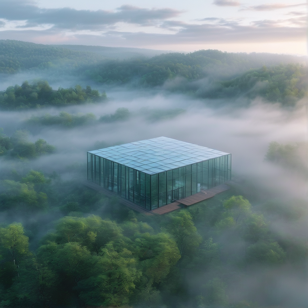Glass House in Forest Mist