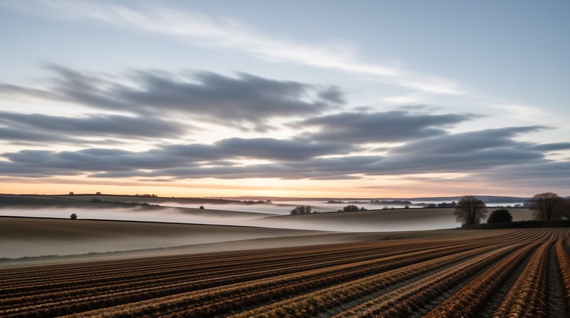 Curving furrows of a harvested field lead toward low mist and a soft sunrise beneath streaky clouds.