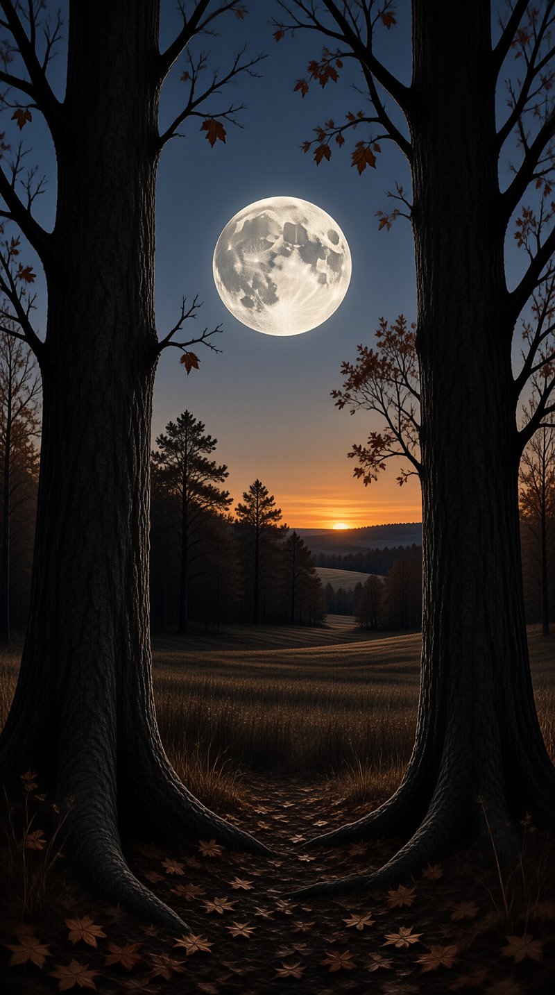 Tree trunks frame a large full moon above a grassy field with a sunset glowing over distant forest hills.