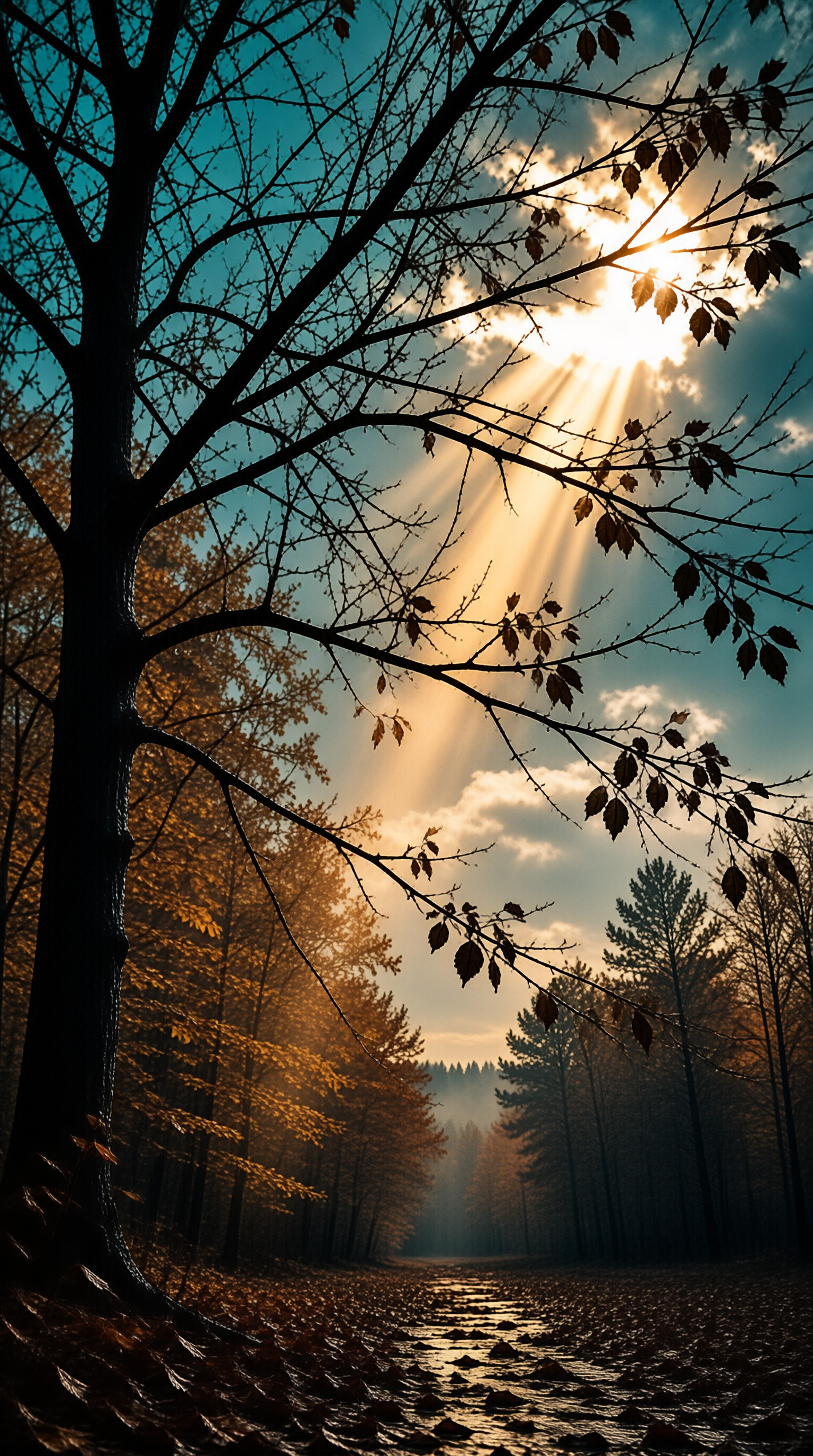 A bare autumn tree frames golden sunbeams spilling through clouds onto a leaf-covered path deep in the woods