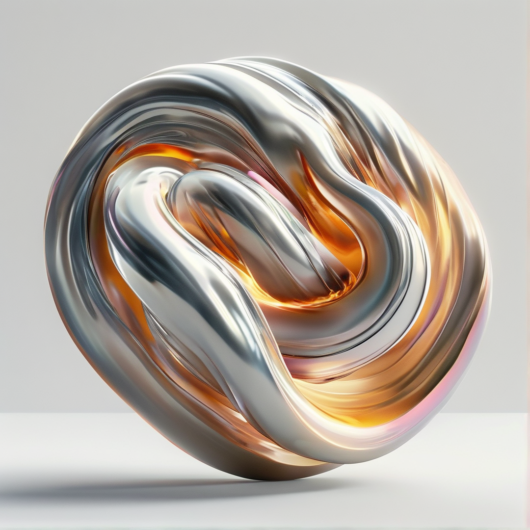 A swirling chrome object floats against a white background, catching warm orange reflections within its metallic curves.