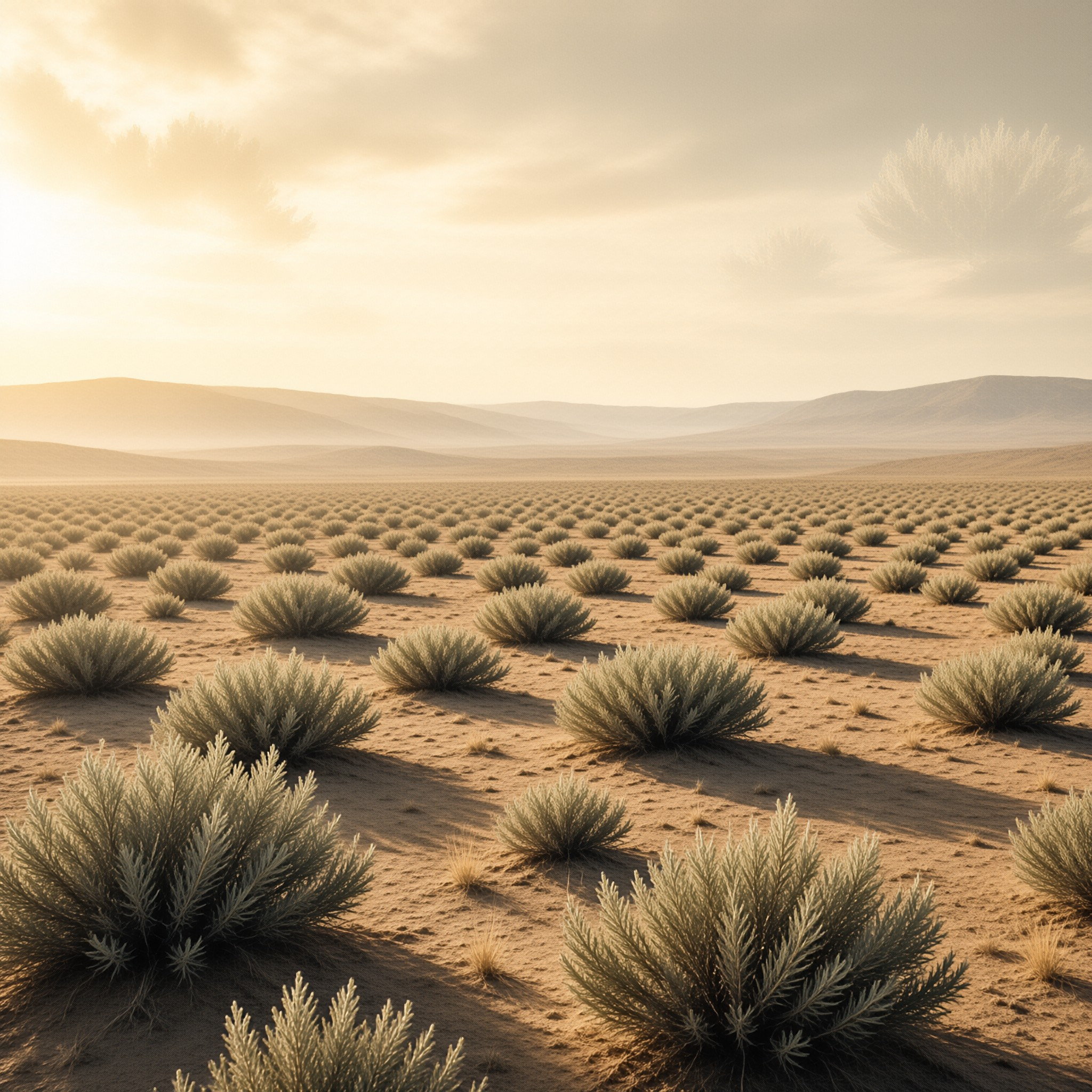 Rows of silvery green brush dot sunlit sand stretching toward low hazy hills beneath a glowing pale sky