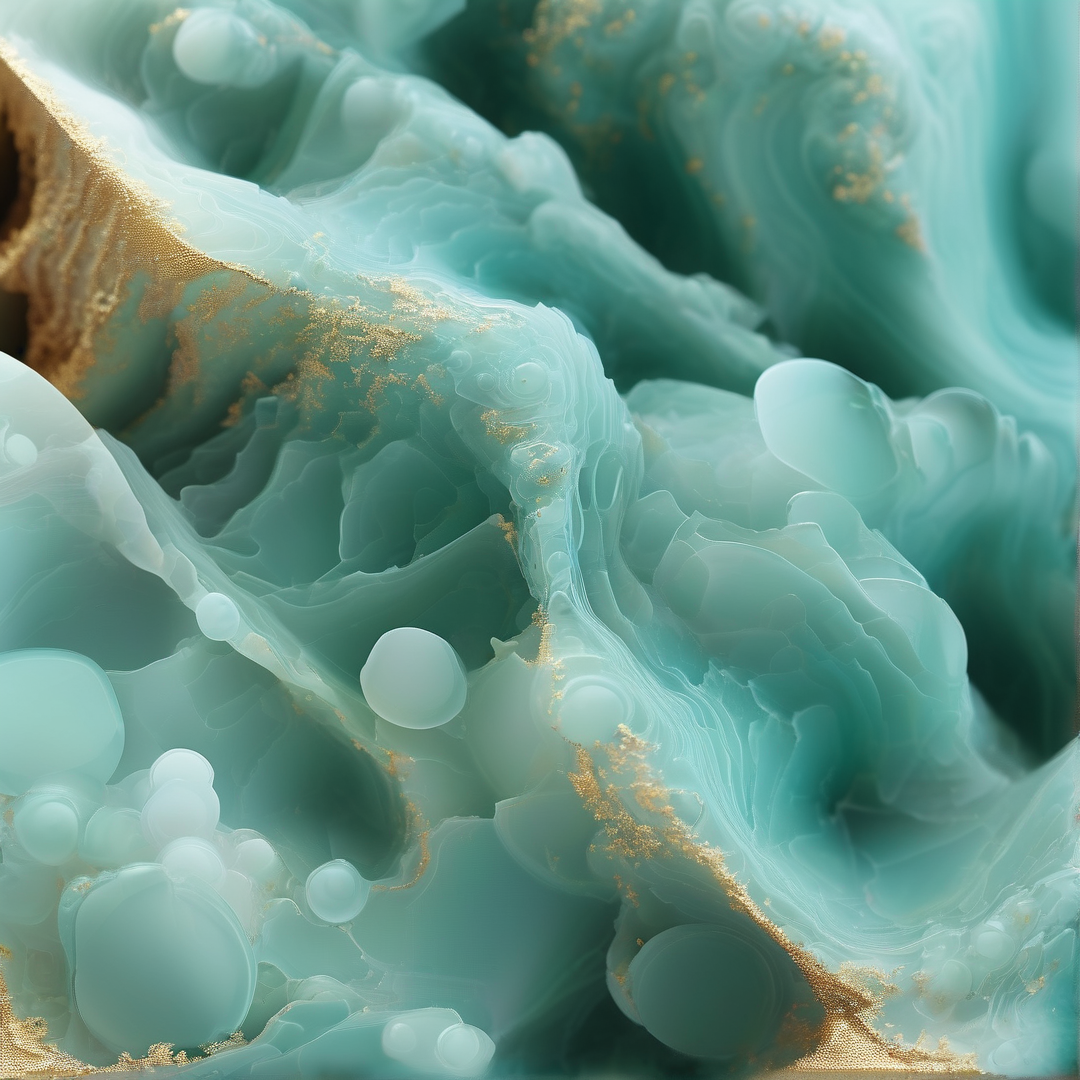 Viscous mint green liquid swirls with bubbles and scattered gold dust particles to create a glossy organic texture.