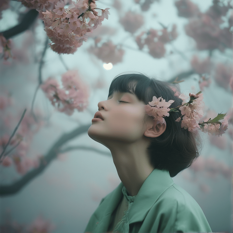 A young woman with short dark hair tilts her face upward with her eyes closed while standing beneath blooming pink cherry blossom branches in a hazy atmosphere.