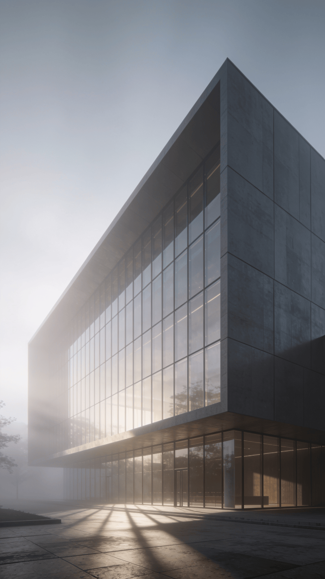 Cultural Center with Glass Curtain Wall — Foggy Morning